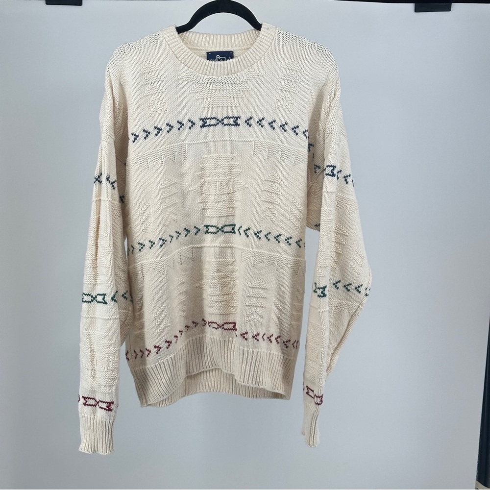 Men’s XL Woolrich Cream Crewneck‎ Sweater with Multicolor Accents